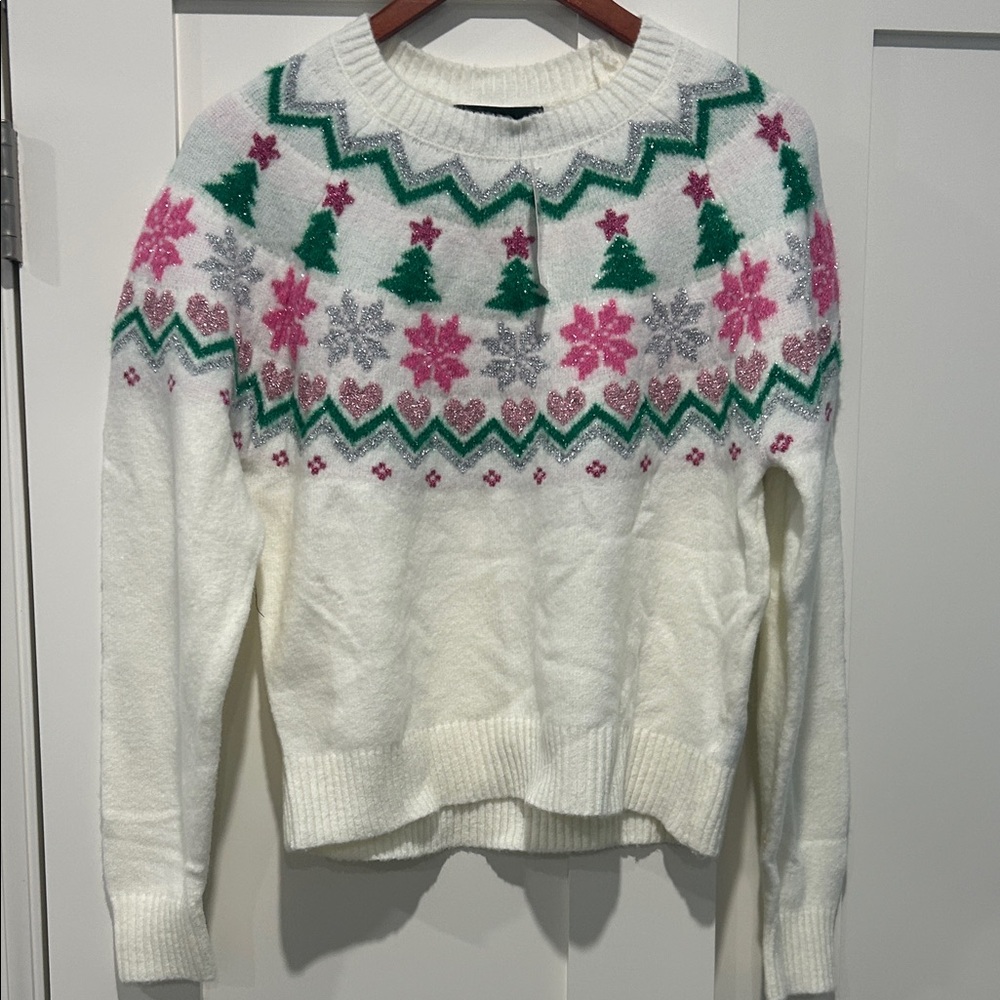 NWT Women's Festive White Sweater with Pink and Green Accents size S